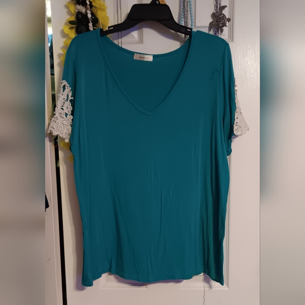 TEAL COLOR VERY SOFT SHIRT WITH LACE ON SLEEVES..SIZE LARGE